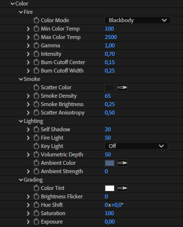 Pyron Color group — blackbody fire temperature, smoke scattering, lighting and grading controls