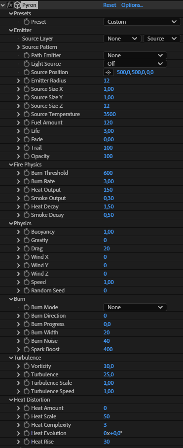 Pyron Effect Controls panel — Presets, Emitter, Fire Physics, Physics, Burn, Turbulence and Heat Distortion parameter groups