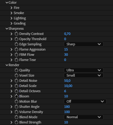 Pyron Sharpness and Render groups — quality, voxel size, detail noise, motion blur and blend mode